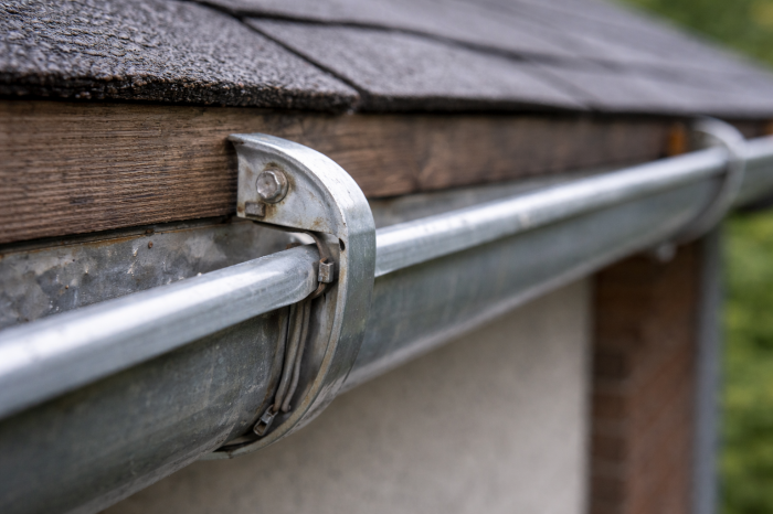 F&eacute;m ereszcsatorna tart&oacute; r&ouml;gz&iacute;t&eacute;se ereszdeszk&aacute;hoz csal&aacute;di h&aacute;zon, k&ouml;zelről fot&oacute;zva.