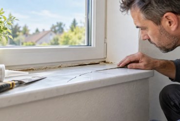 Az ablakpárkányon megjelenő hajszálrepedés vagy a fal ...